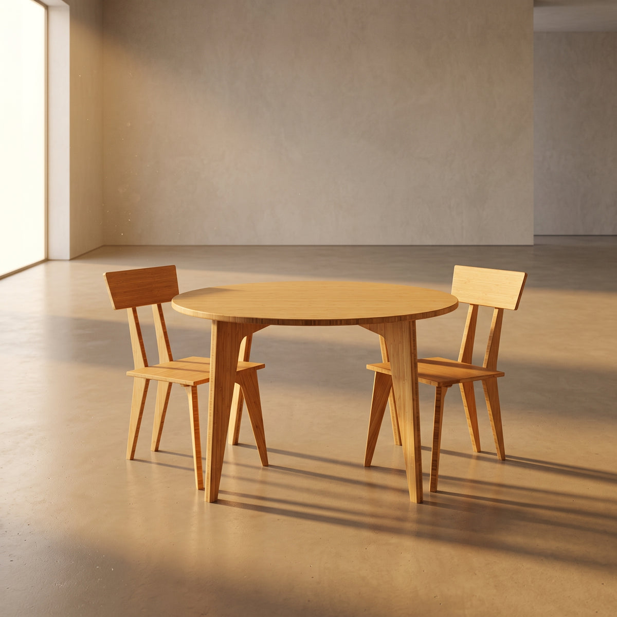 A Reforest bamboo dining table in a big open showroom.