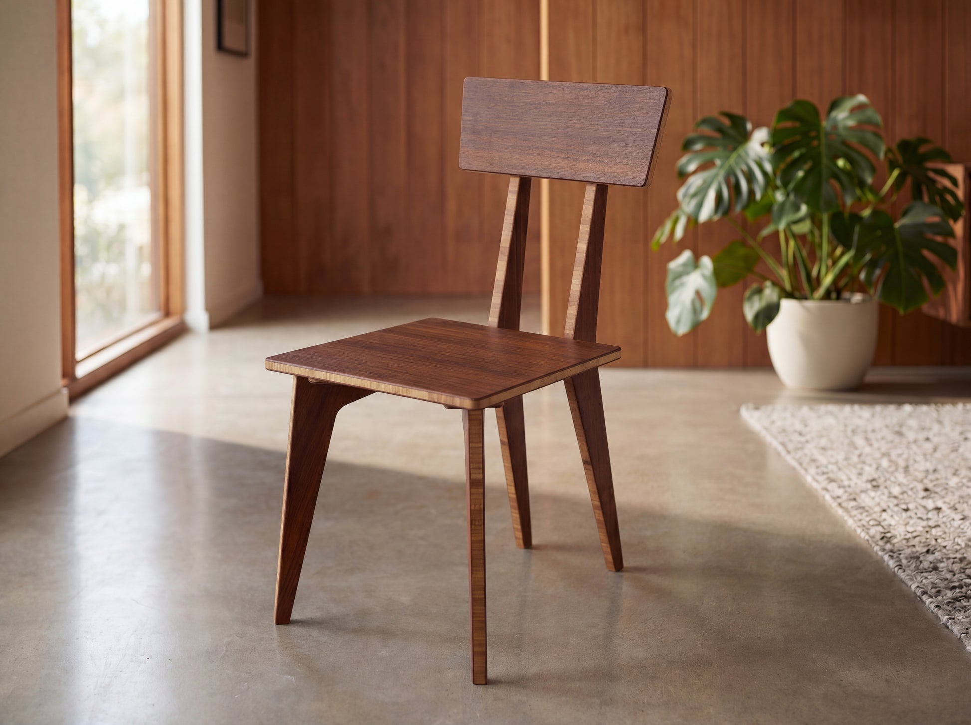 Bamboo chair in a room with a plant and large windows