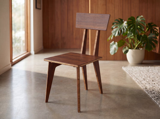 Bamboo chair in a room with a plant and large windows