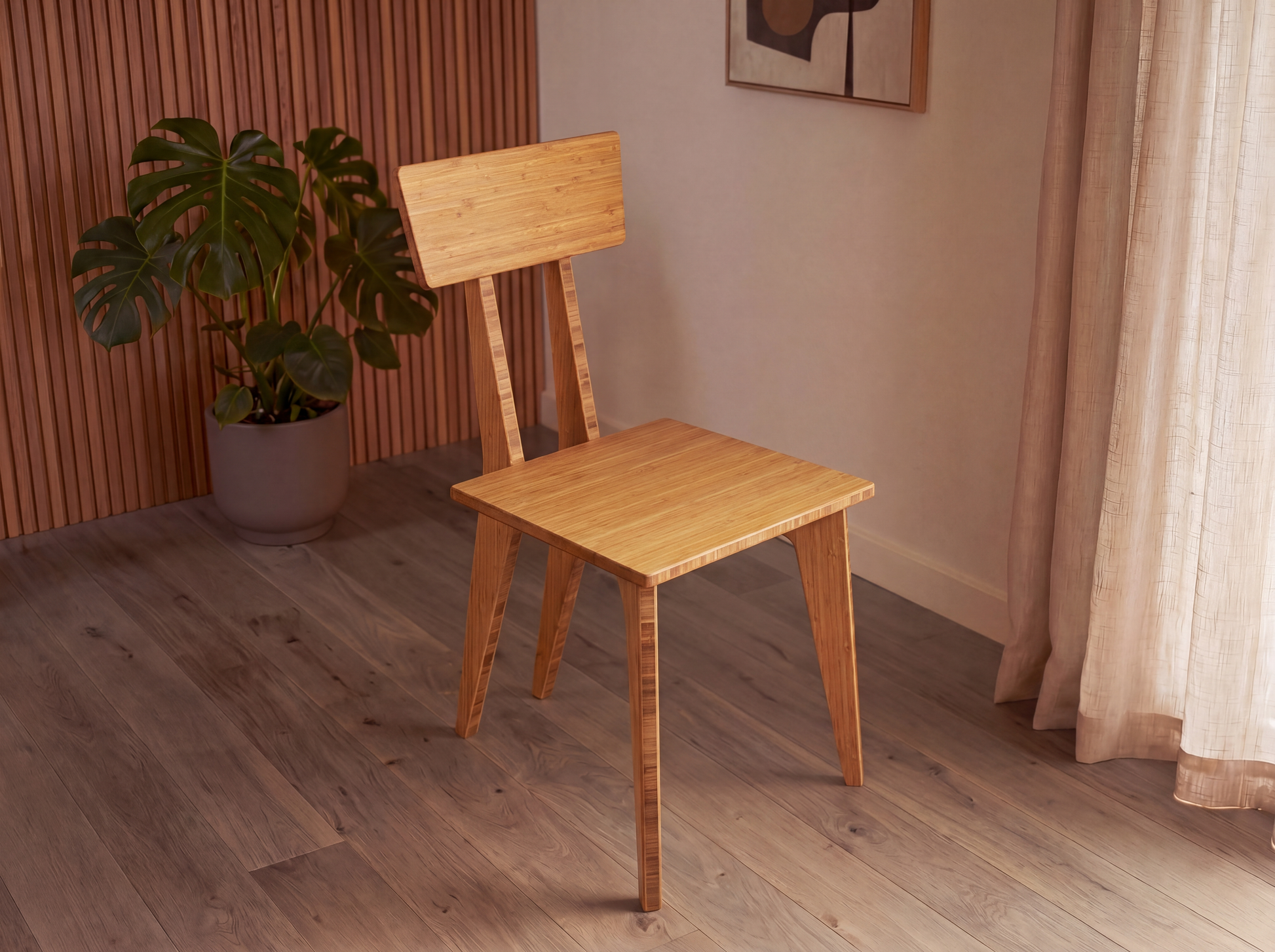 Bamboo chair in a room with a plant and curtains