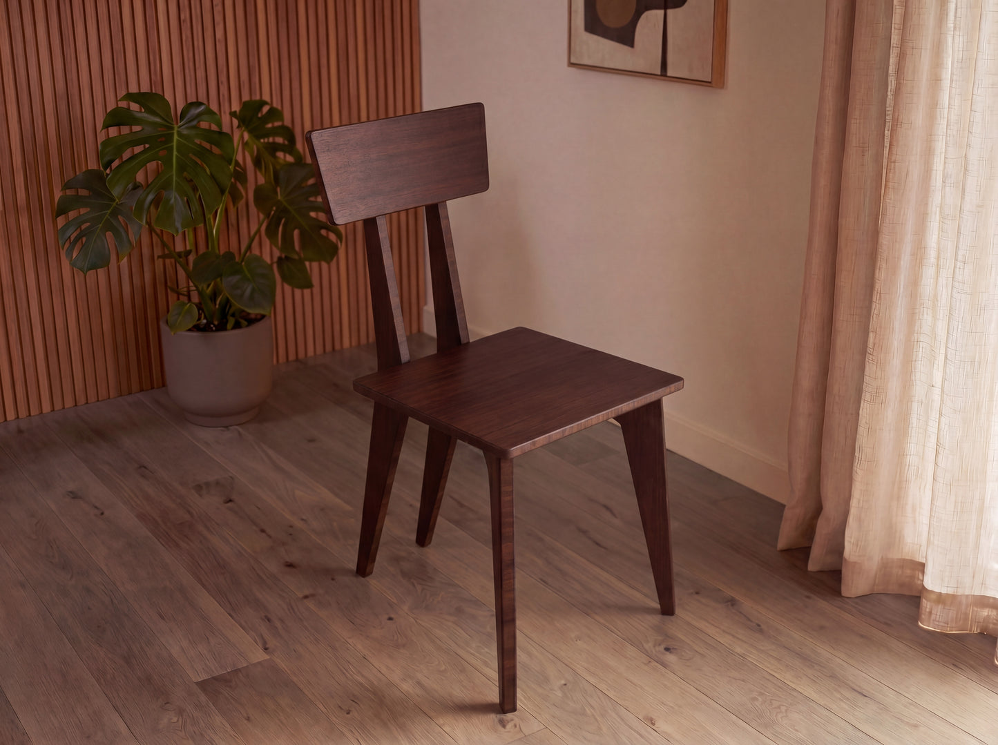 Bamboo chair in a room with a plant and curtains