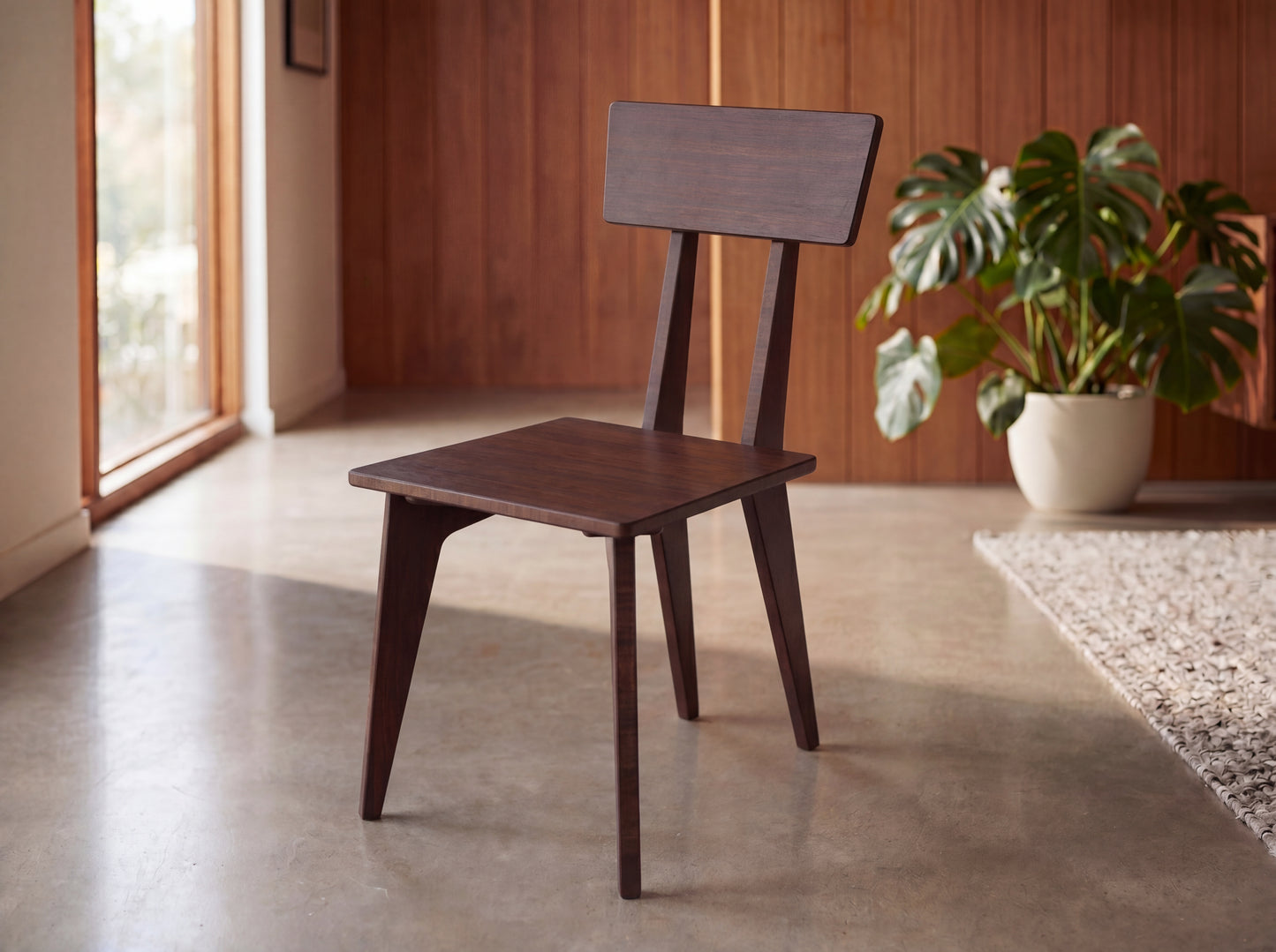 Bamboo chair in a room with a plant and large windows