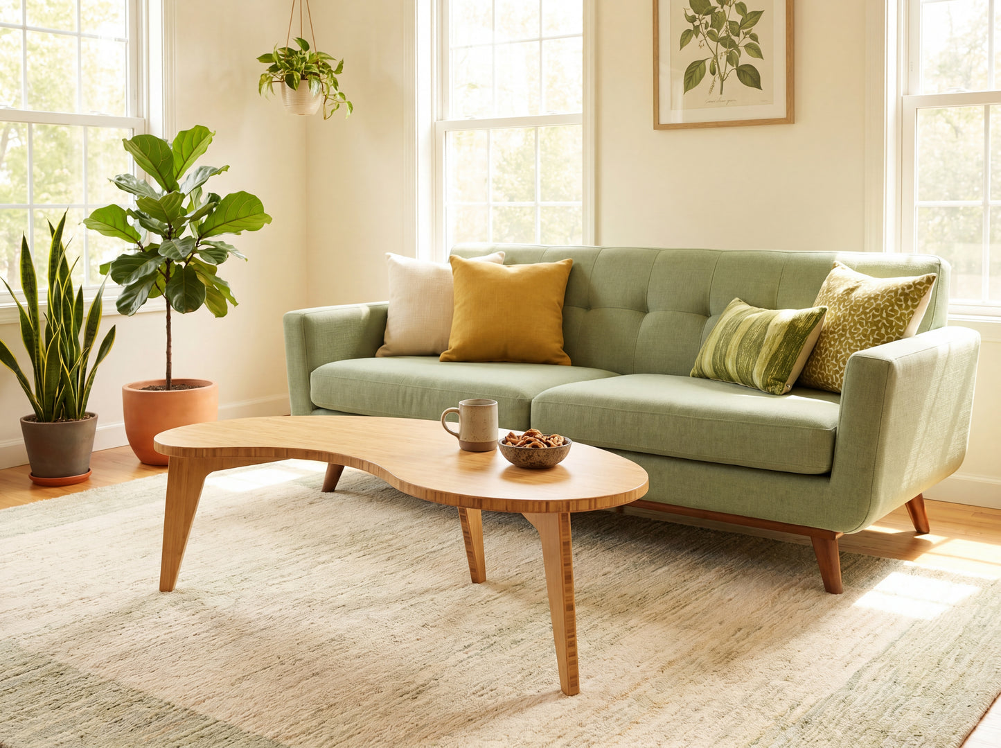 Living room with a green sofa, bamboo coffee table, and decorative plants.

mid century modern low table
midcentury modern coffee table
floor table
japan coffee table
japan furniture
japan table
kidney coffee table 
bamboo low table