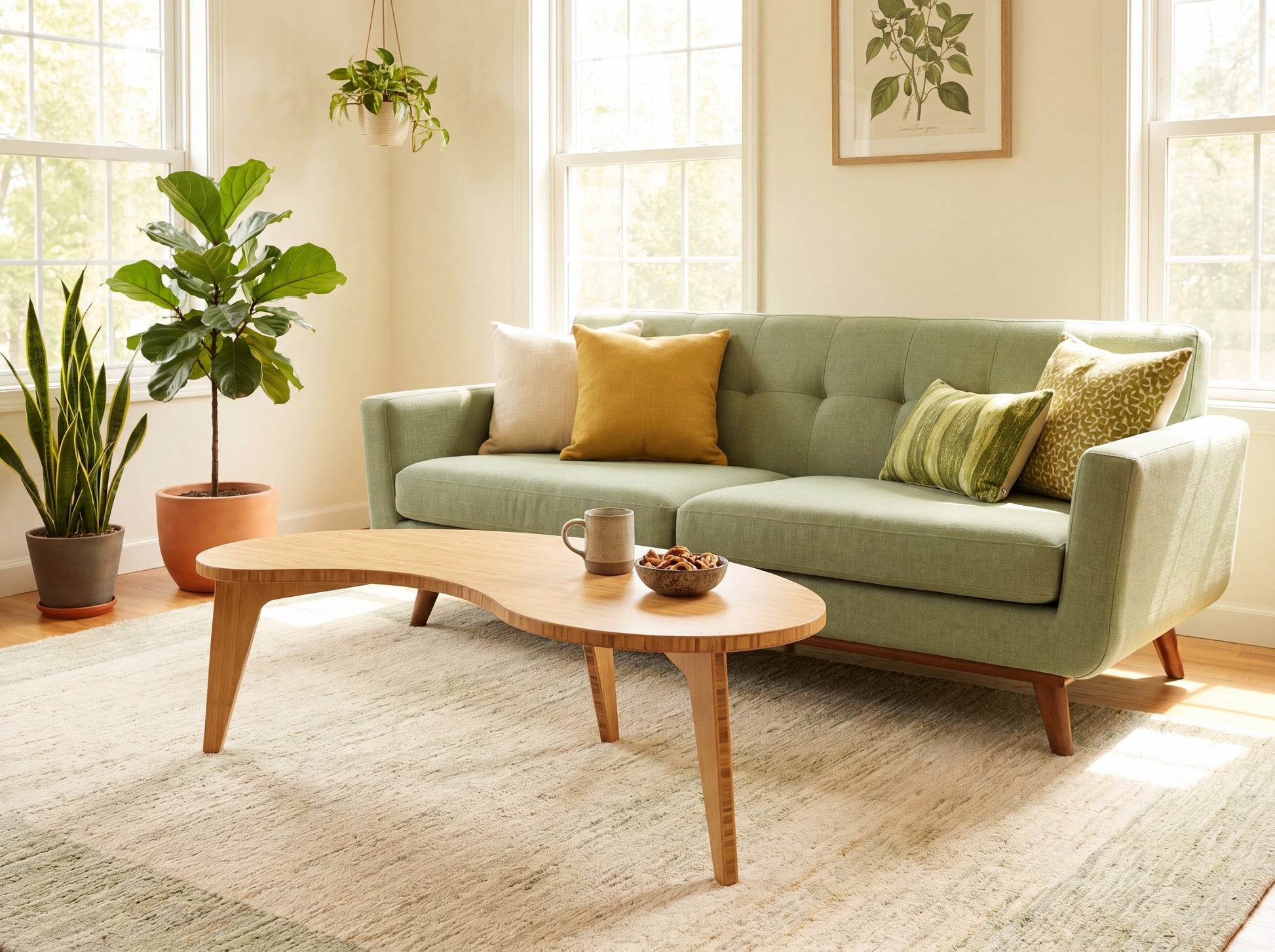 Living room with a green sofa, bamboo coffee table, and decorative plants.

mid century modern low table
midcentury modern coffee table
floor table
japan coffee table
japan furniture
japan table
kidney coffee table 
bamboo low table