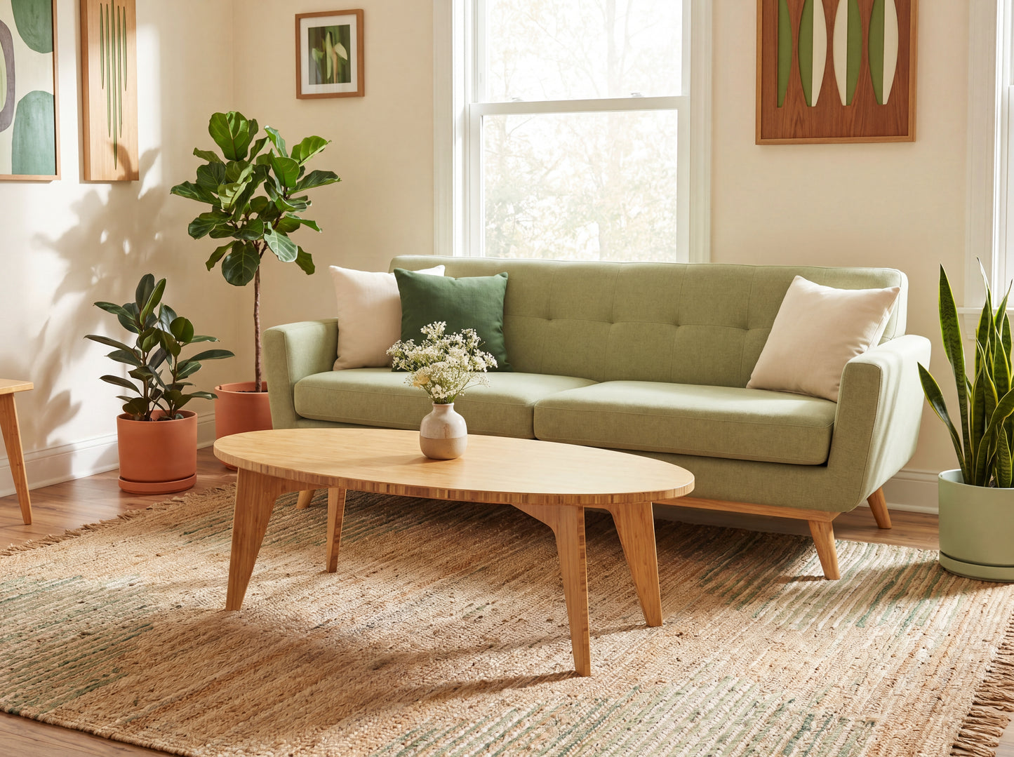 Living room with a green sofa, bamboo coffee table, and potted plants.

mid century modern low table
midcentury modern coffee table
floor table
japan coffee table
japan furniture
japan table
oval coffee table 
bamboo low table