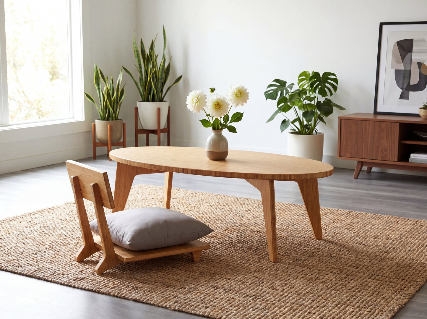 Modern living room with bamboo coffee table, chairs, and decorative plants.

Japandi, minimalist, mid-century, Japanese inspired, modern, contemporary, clean lines, organic design, sustainable bamboo, renewable bamboo, solid bamboo, eco-friendly furniture, natural materials, natural-based finish