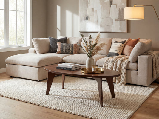 Living room with beige sectional sofa, bamboo coffee table, and decorative elements.

mid century modern low table
midcentury modern coffee table
floor table
japan coffee table
japan furniture
japan table
oval coffee table 
bamboo low table
