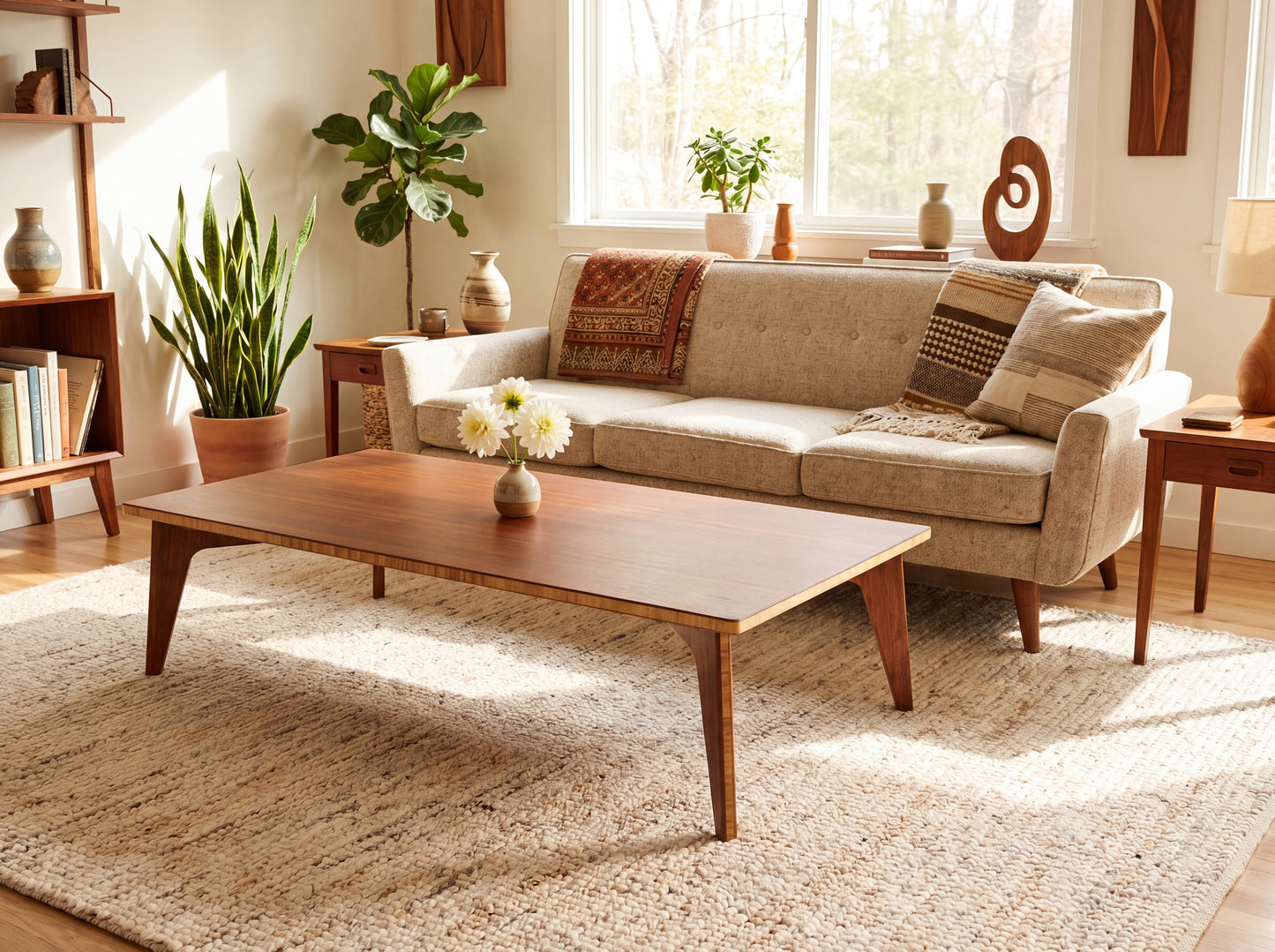 Large bamboo coffee table on rug with couch behind it. There are dahlia flowers on the table.