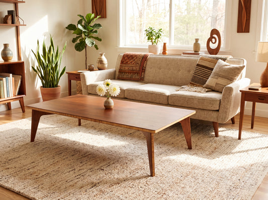 Large bamboo coffee table on rug with couch behind it. There are dahlia flowers on the table.