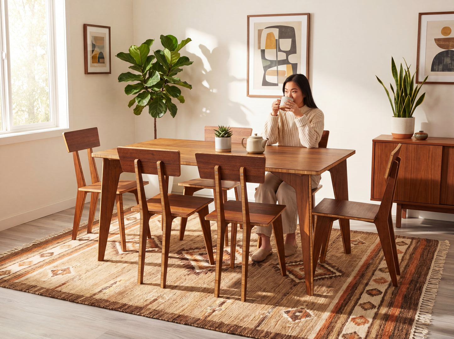 Woman sitting at a bamboo dining table in a bright room with plants and artwork.