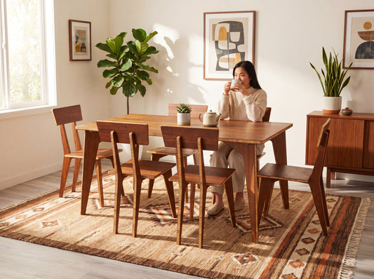 Woman sitting at a bamboo dining table in a bright room with plants and artwork.