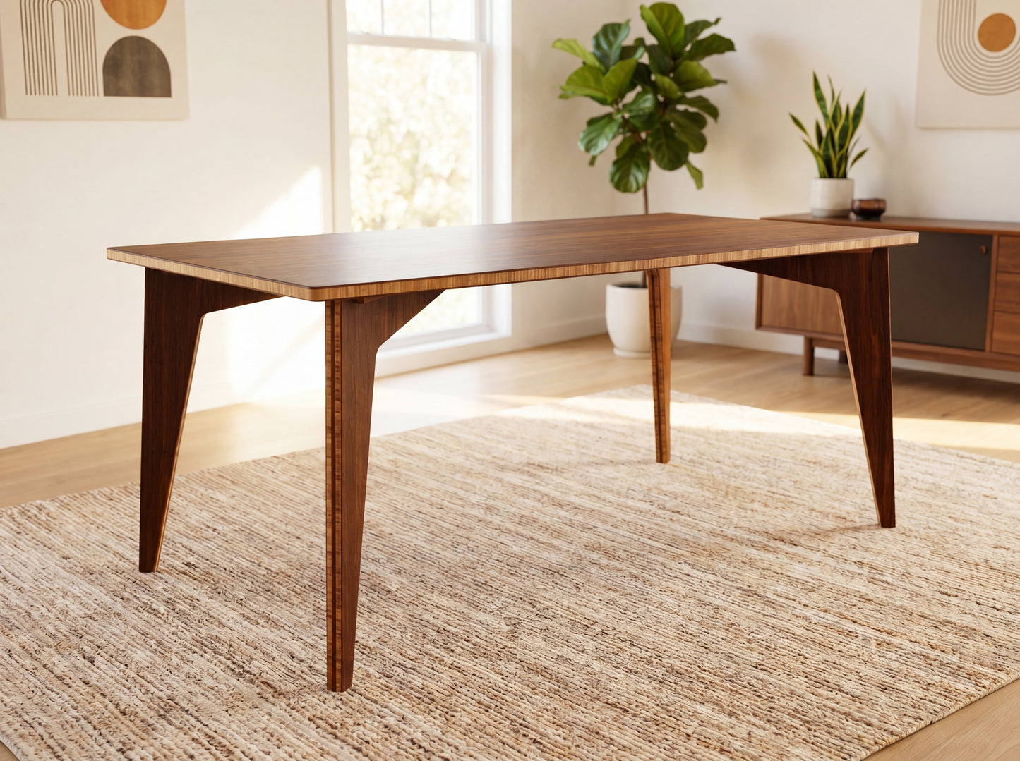 bamboo dining table in a room with plants and a rug
