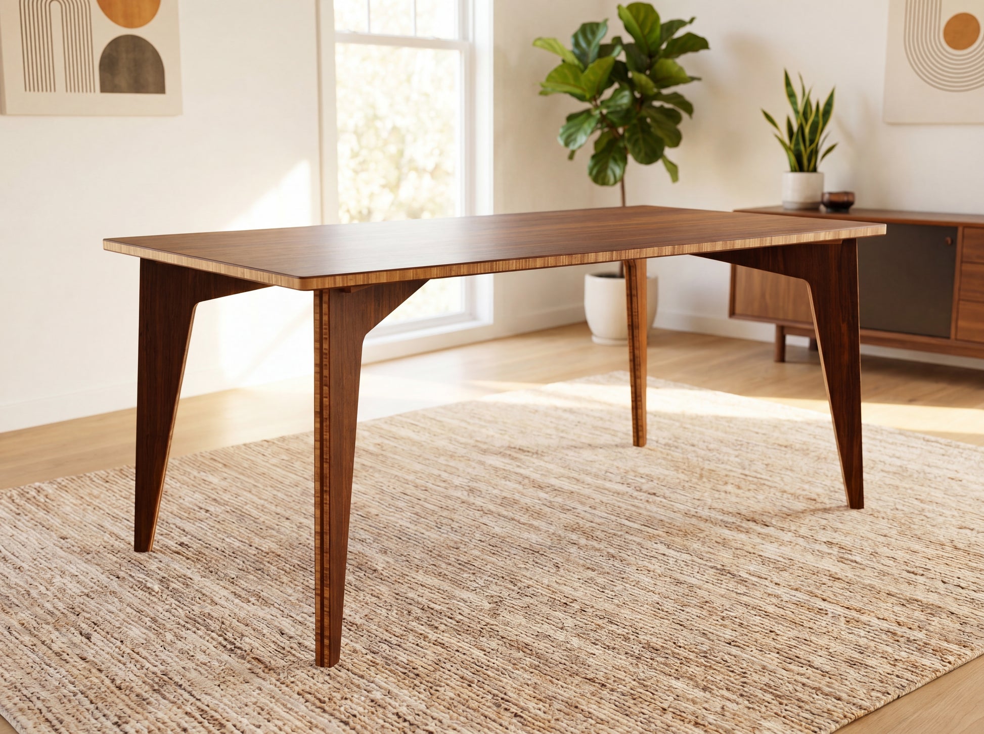 bamboo dining table in a room with plants and a rug