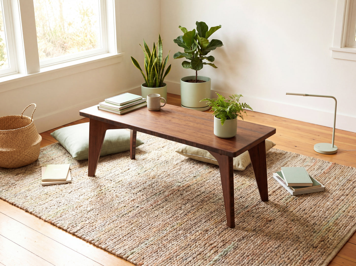 Living room with a bamboo coffee table, plants, and books on a rug.

sustainable bamboo, renewable bamboo, solid bamboo, eco-friendly furniture, zero-waste, carbon neutral, natural materials, natural-based finish, repairable furniture, japanese inspired, chabudai, mid-century, low desk, low work.