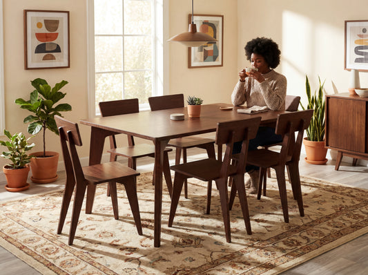 Person sitting at a bamboo dining table in a bright room with plants and artwork.