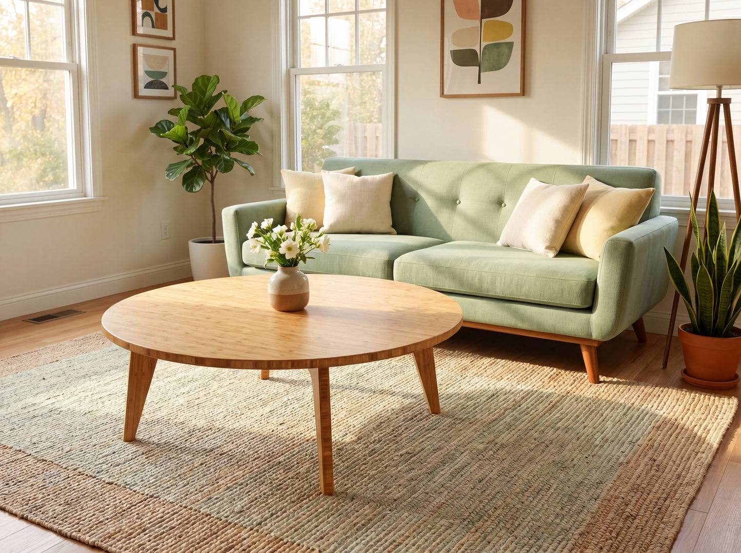 Living room with a green sofa, bamboo coffee table, and decorative elements.

japanese furniture
japanese low table
low coffee table
low dining table
low table
mid century
minimalist
minimalist table
modern