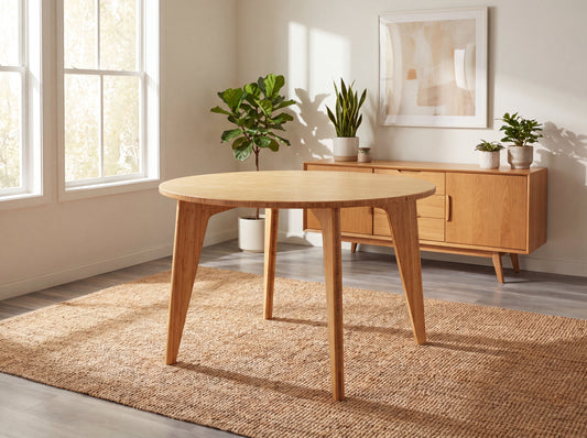 bamboo dining table in a bright room with plants and a cabinet.