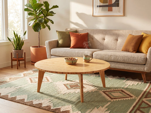 Living room with a beige sofa, bamboo coffee table, and decorative elements.

japanese furniture
japanese low table
low coffee table
low dining table
low table
mid century
minimalist
minimalist table
modern
