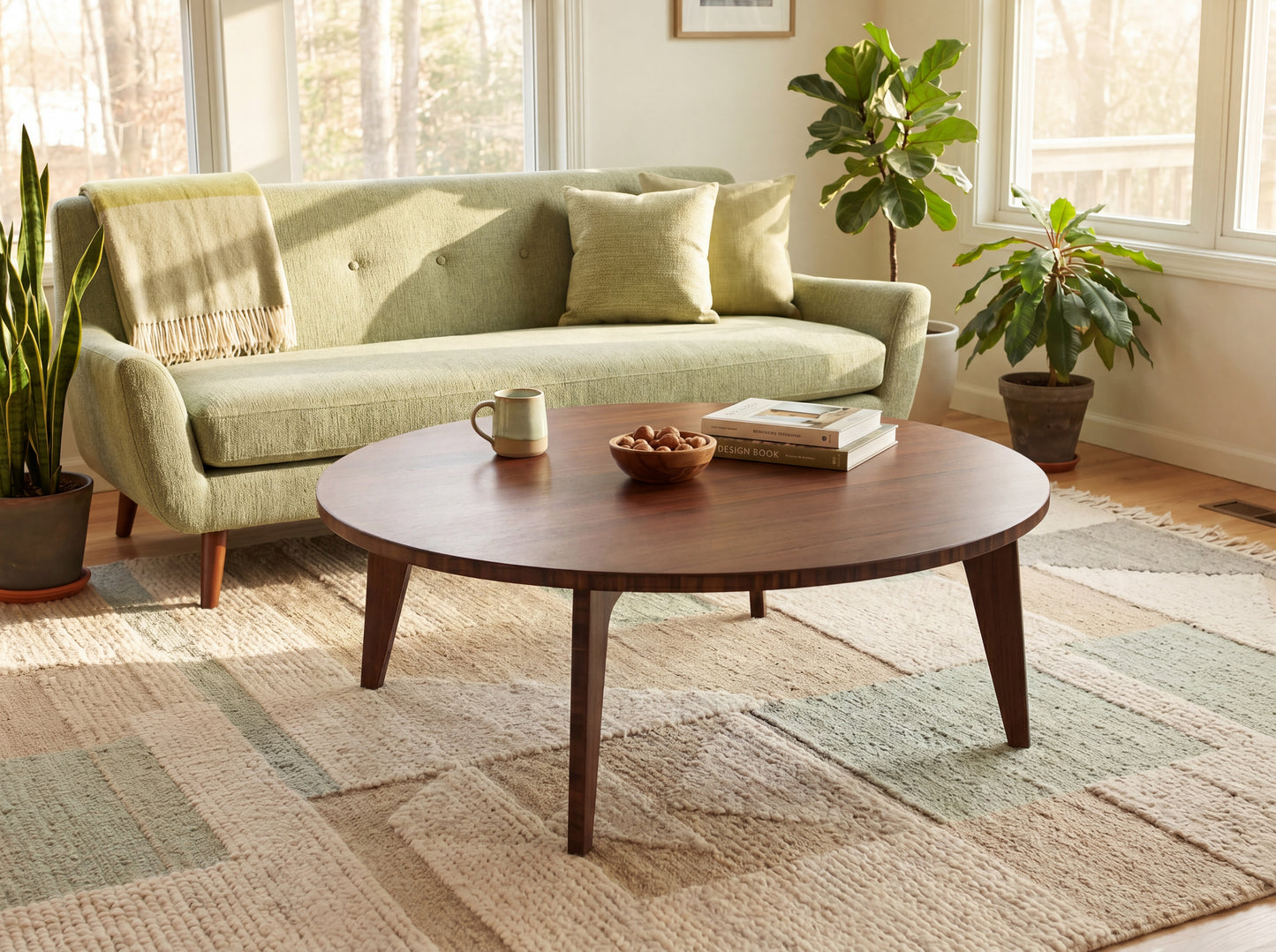 Living room with a green sofa, bamboo coffee table, and decorative items.

japanese furniture
japanese low table
low coffee table
low dining table
low table
mid century
minimalist
minimalist table
modern