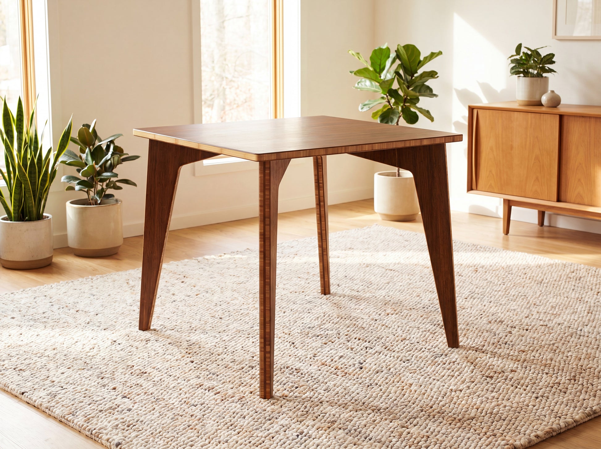 Bamboo dining table in a bright room with plants and a cabinet.