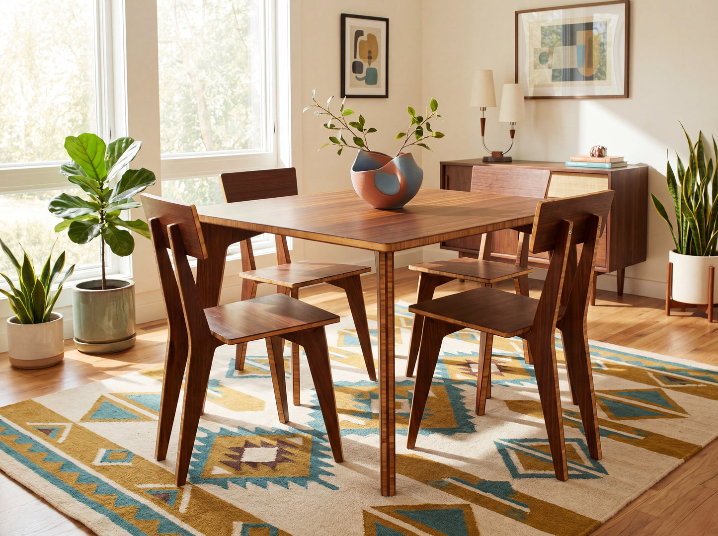 Dining room with bamboo table and chairs on a patterned rug, plants, and artwork.