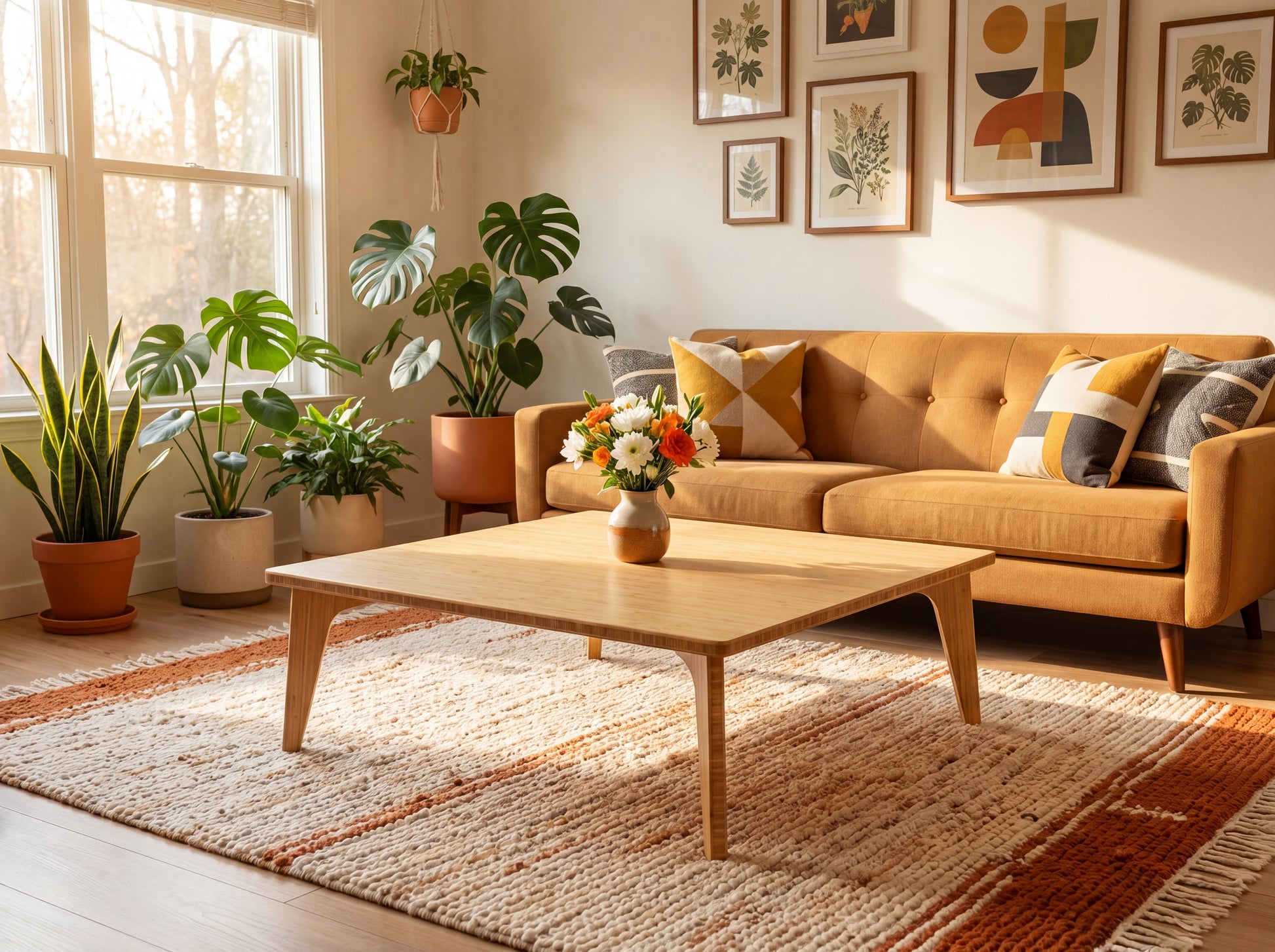 Living room with a brown sofa, bamboo coffee table, and decorative plants.

Square low table 
japanese furniture
japanese low table
low coffee table
low dining table
low table
mid century
minimalist
minimalist table
modern
chabudai