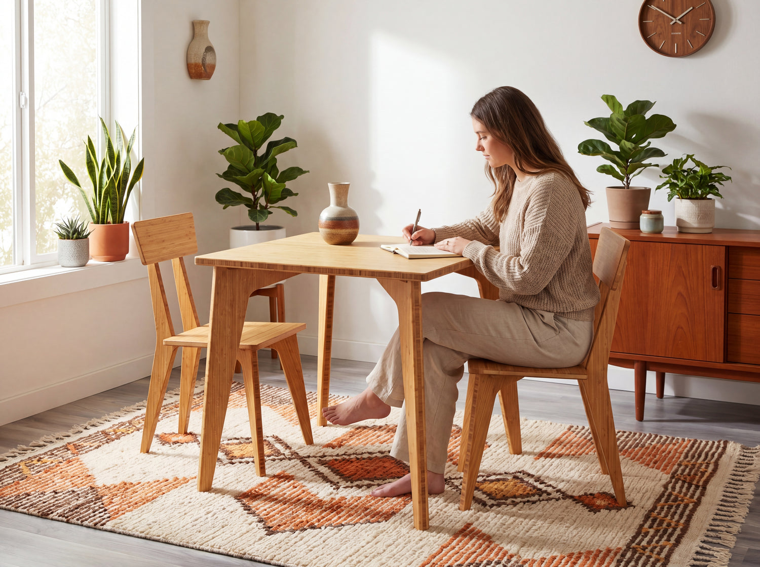 Woman sitting at a bamboo table in a bright room with plants and a rug.