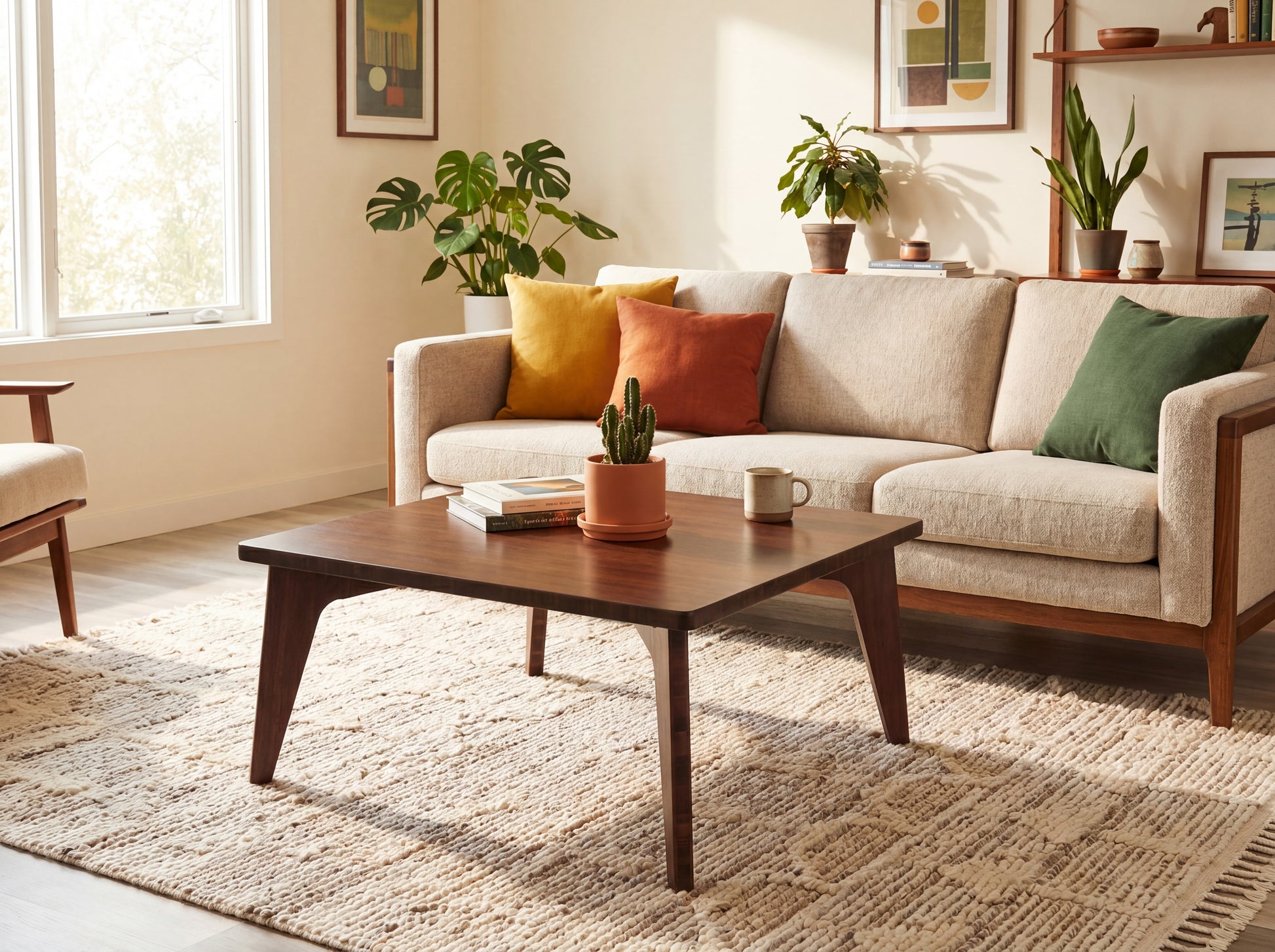 Living room with a beige sectional sofa, bamboo coffee table, and decorative plants.