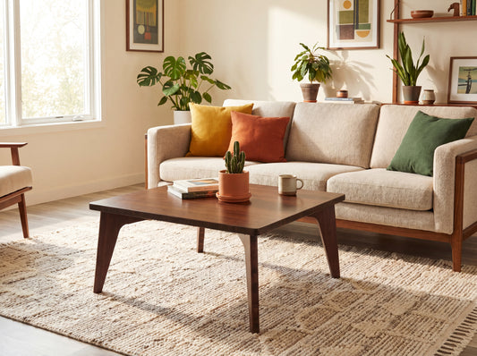 Living room with a beige sectional sofa, bamboo coffee table, and decorative plants.