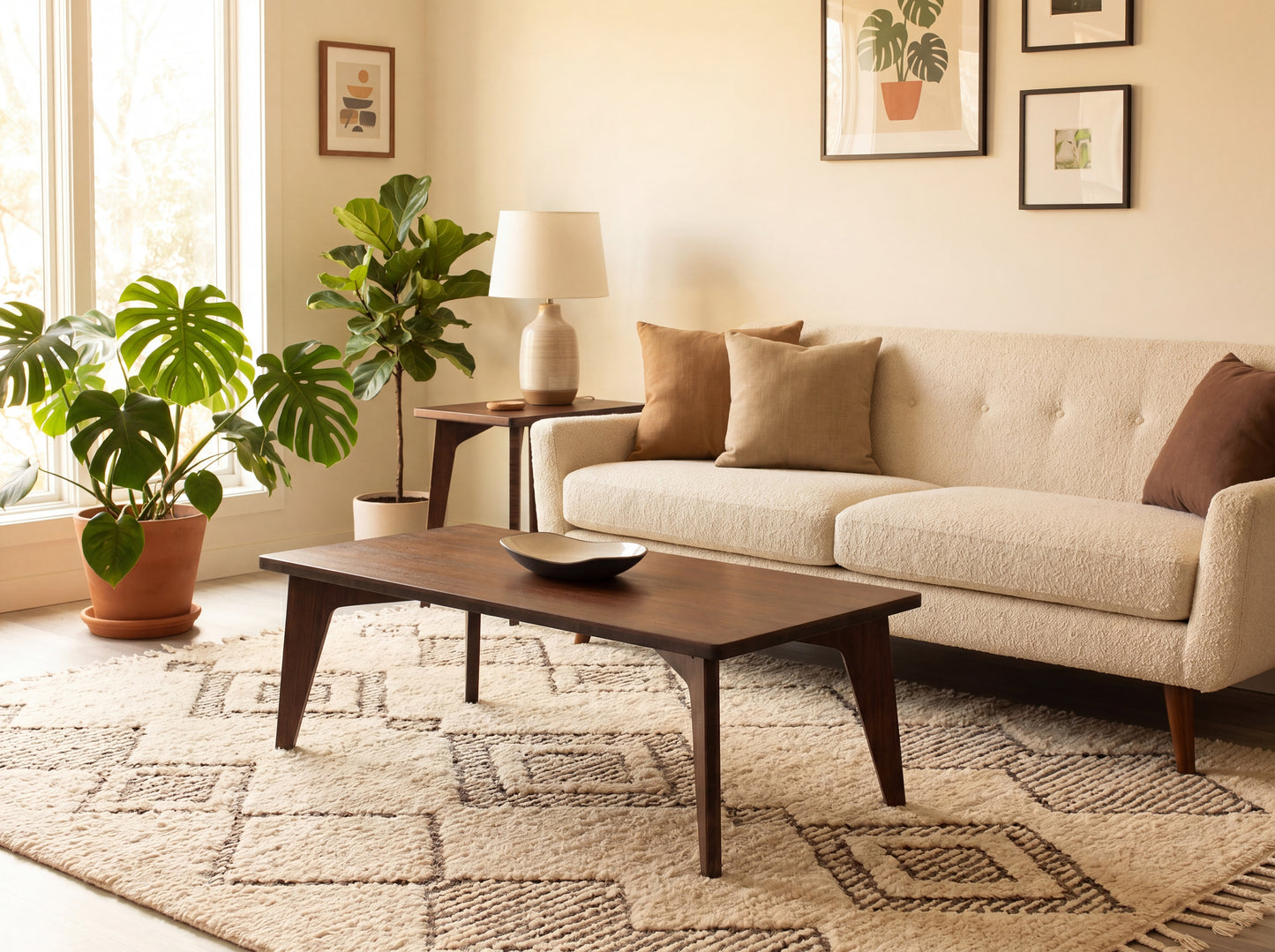 bamboo walnut coffee table in front of white couch