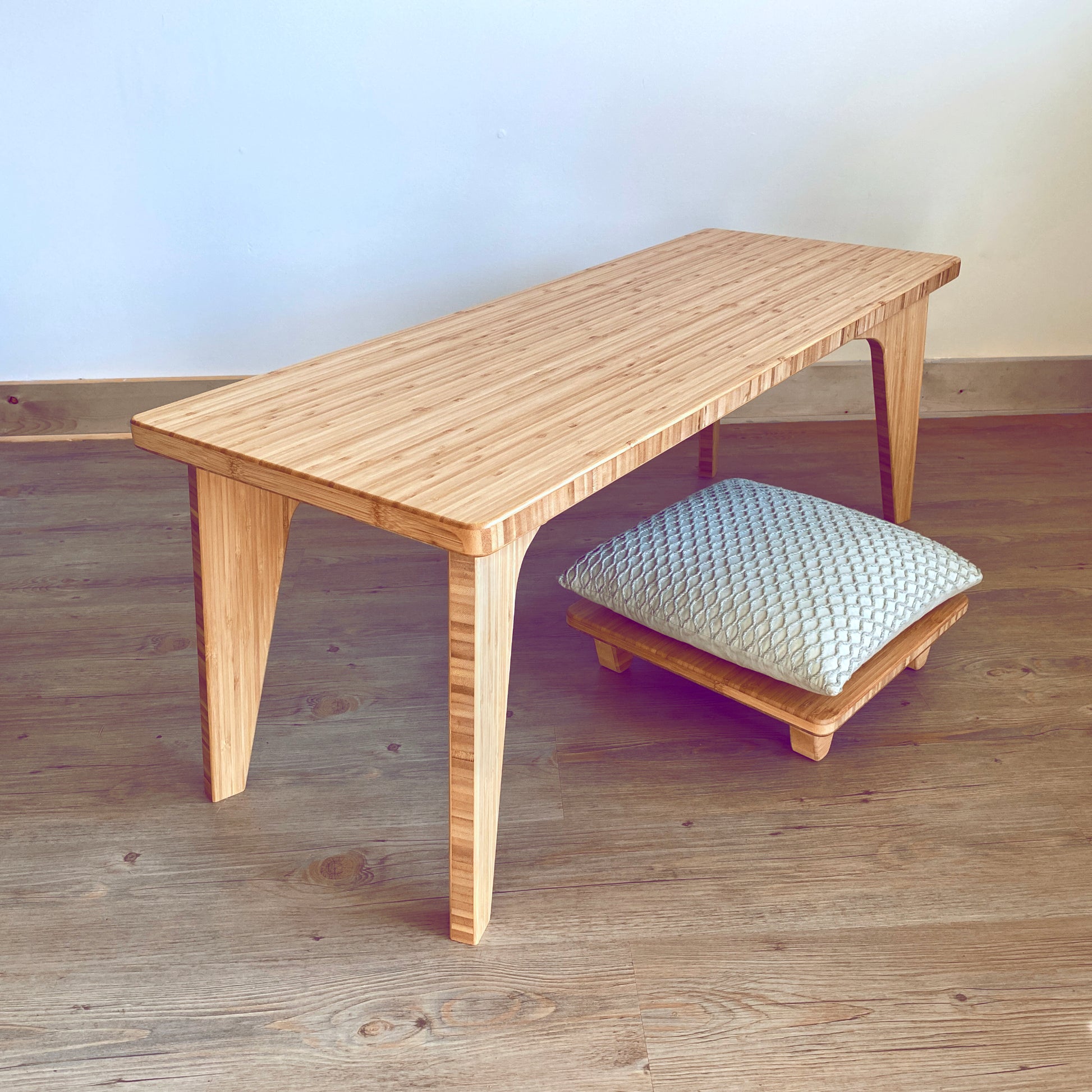 Natural bamboo computer desk with pillow lift. Japanese, mid-century, Scandinavian and contemporary inspired. Sustainable wood alternative, made from solid grass