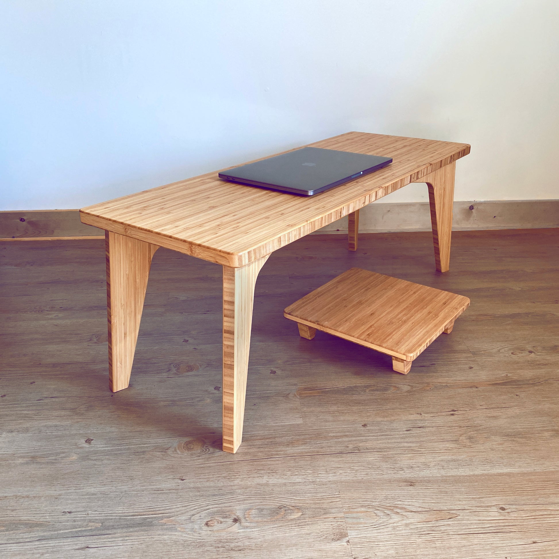 Natural bamboo computer desk with pillow lift. Japanese, mid-century, Scandinavian and contemporary inspired. Sustainable wood alternative, made from solid grass