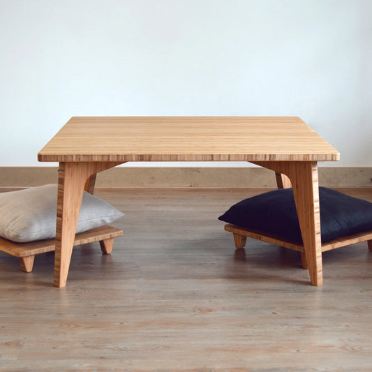 Natural bamboo table with pillow lifts. Japanese, mid-century, Scandinavian and contemporary inspired. Sustainable wood alternative, made from solid grass.