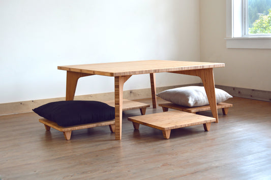 Natural bamboo table with pillow lifts. Japanese, mid-century, Scandinavian and contemporary inspired. Sustainable wood alternative, made from solid grass.