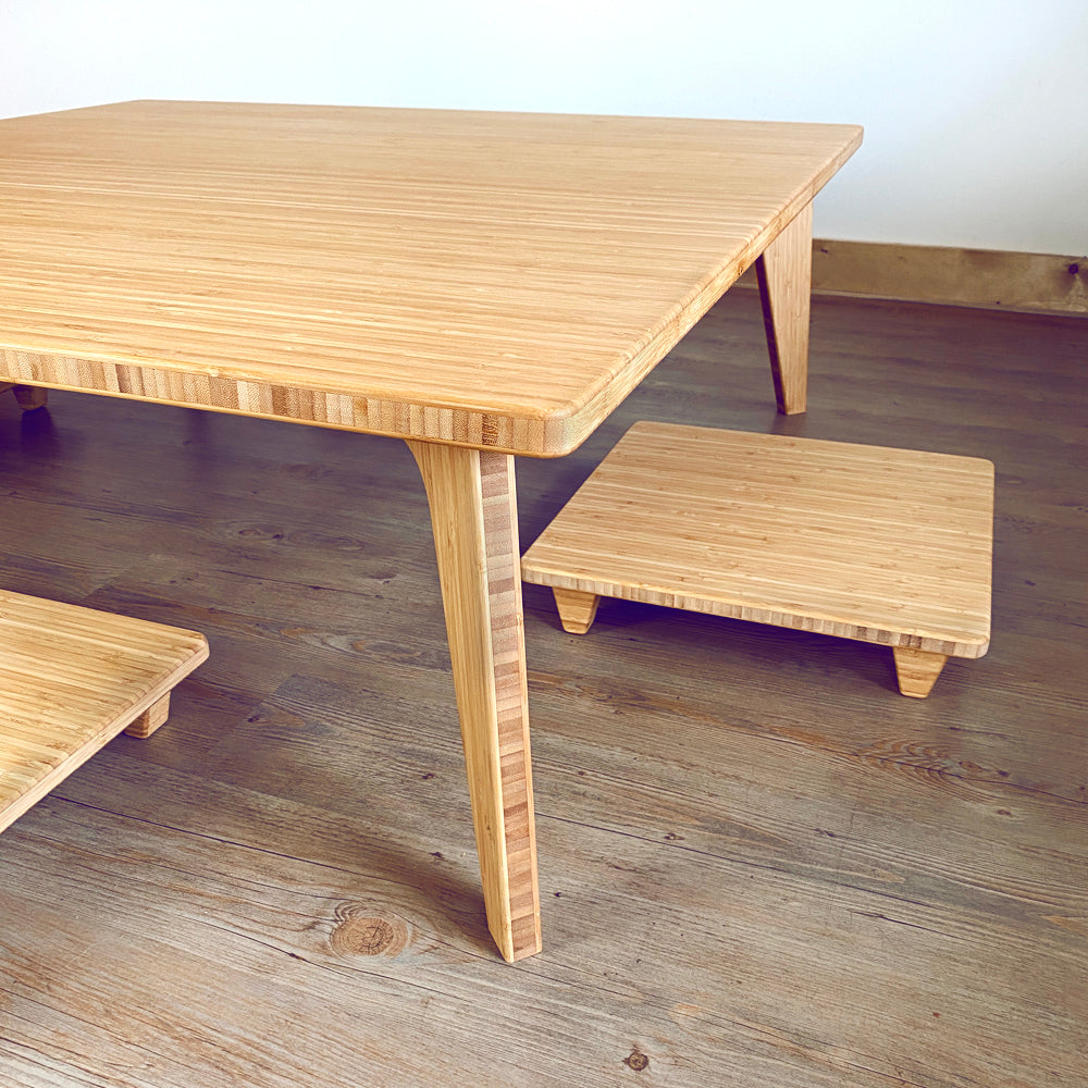 Natural bamboo table set with pillow lifts. Japanese, mid-century, Scandinavian and contemporary inspired. Sustainable wood alternative, made from solid grass.
